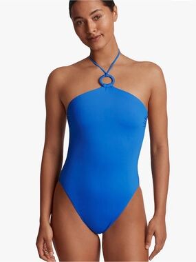 Lauren Ralph Lauren NWT size 10 Macrame Ring High Neck Halter Swimsuit Blue